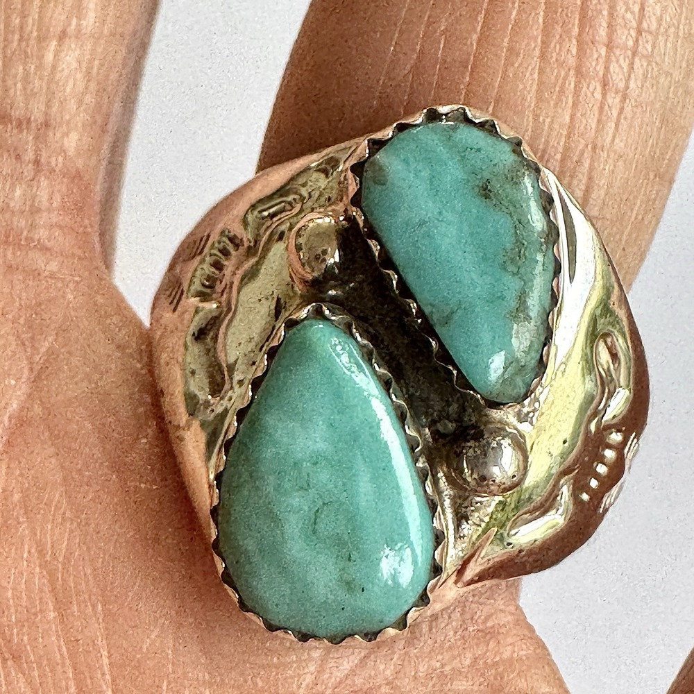 Mens Turquoise Navajo Band Sz 10 Two Stone Ring 21mm Signed ML Handmade Native
